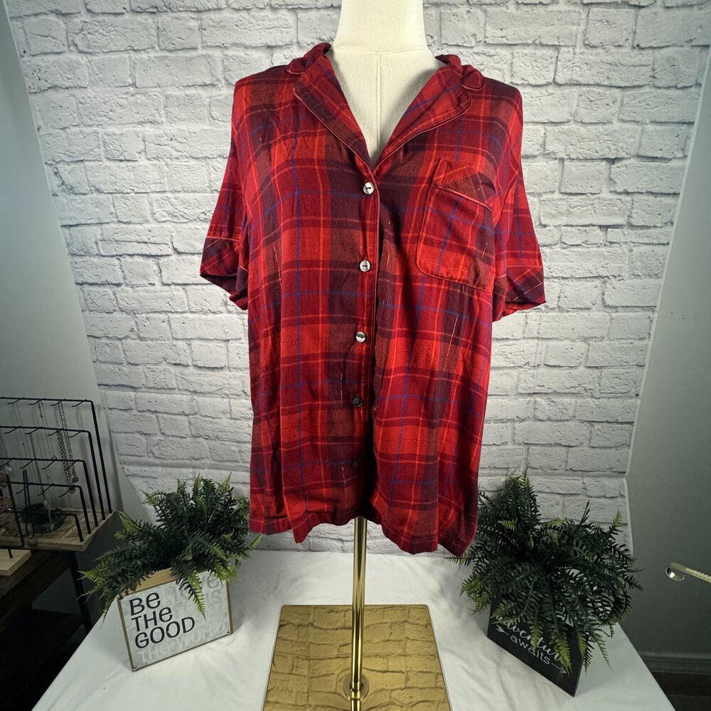 Victorias Secret Red Navy Plaid Flannel Short Sleeve Button Up Sleep Shirt M